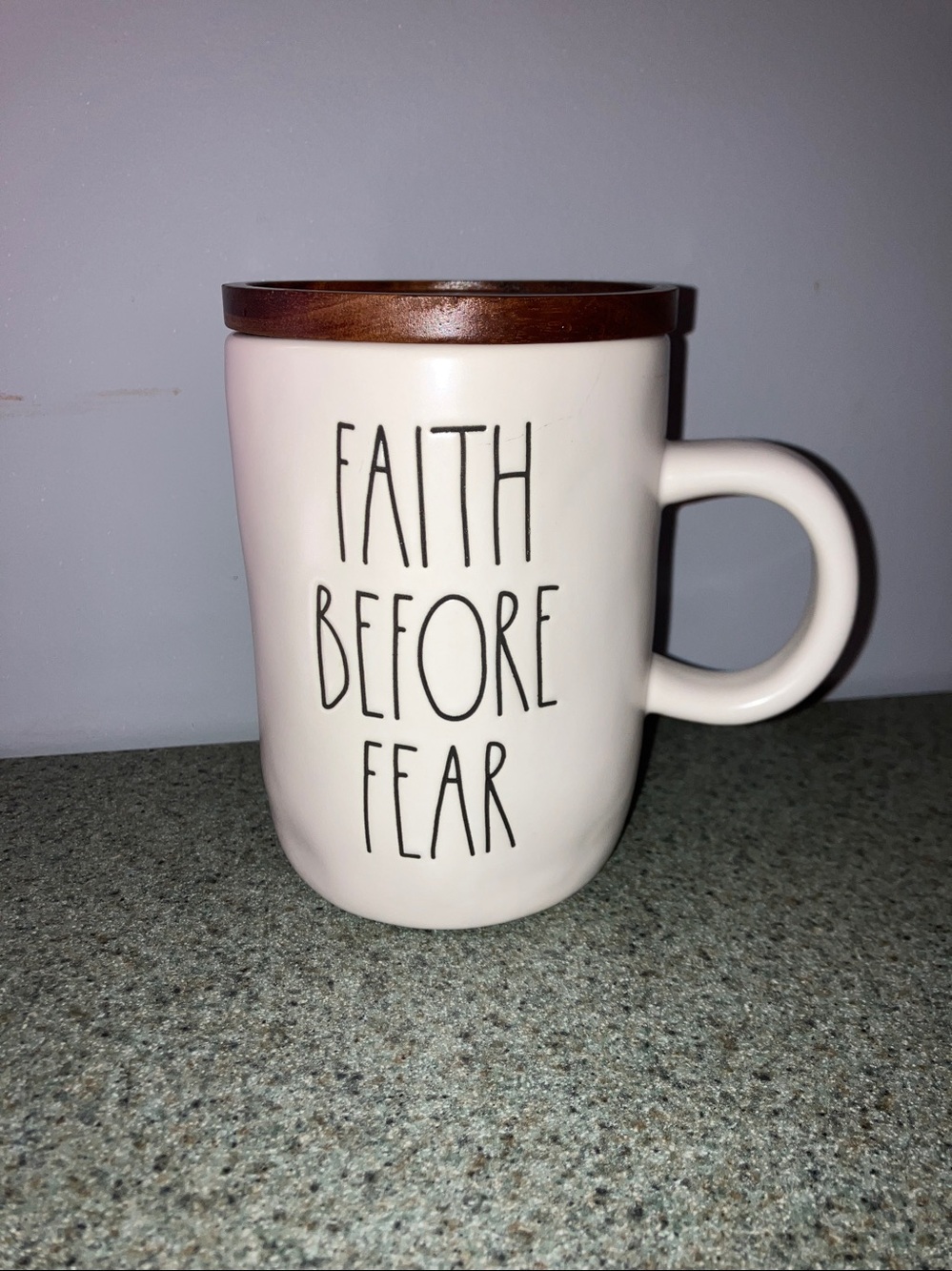 Rae Dunn Cream Ceramic Mug with Wood-Tone Lid - Faith Before Fear